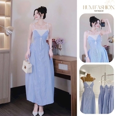 Váy 2 dây dáng dài kẻ, đầm maxi xanh phối ren ngực thắt nơ tiểu thư đi biển du lịch Hum Fashion