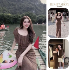 Váy ren nâu trễ vai dáng dài, váy trễ vai ôm body đi du lịch đi chơi Hum Fashion
