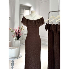 Váy ren nâu trễ vai dáng dài, váy trễ vai ôm body đi du lịch đi chơi Hum Fashion