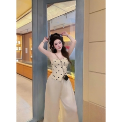 Set áo quây cúp ngực chấm bi kèm quần dài, set bộ áo ống corset chấm bi quần lụa suông sang chảnh Hum Fashion