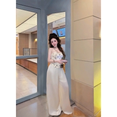 Set áo quây cúp ngực chấm bi kèm quần dài, set bộ áo ống corset chấm bi quần lụa suông sang chảnh Hum Fashion