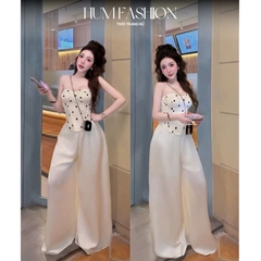 Set áo quây cúp ngực chấm bi kèm quần dài, set bộ áo ống corset chấm bi quần lụa suông sang chảnh Hum Fashion