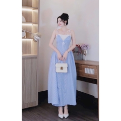 Váy nữ maxi sơ mi kẻ dọc phối ren sang chảnh, đầm nữ tiểu thư xanh kẻ sọc