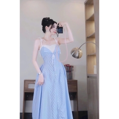 Váy nữ maxi sơ mi kẻ dọc phối ren sang chảnh, đầm nữ tiểu thư xanh kẻ sọc