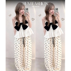 Set 2 dây dáng xoè phối nơ kèm quần dáng xuông chấm bi HUM FASHION