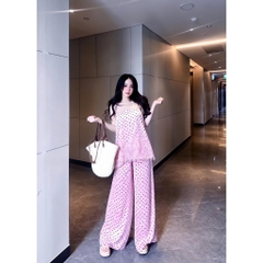Set lụa chấm bi, set áo 2 dây lụa phối ren chấm bi kèm quần dáng dài HUM FASHION