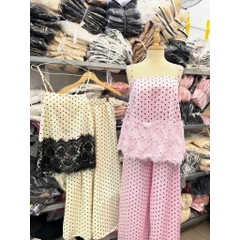 Set lụa chấm bi, set áo 2 dây lụa phối ren chấm bi kèm quần dáng dài HUM FASHION