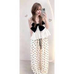 Set 2 dây dáng xoè phối nơ kèm quần dáng xuông chấm bi HUM FASHION