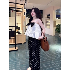 Set 2 dây dáng xoè phối nơ kèm quần dáng xuông chấm bi HUM FASHION