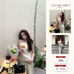 Áo nữ 2 dây buộc nơ vai phối ren nổi, áo dáng suông nhẹ phong cách Hàn Quốc