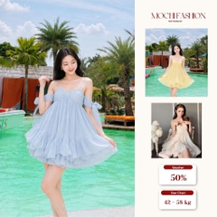Đầm voan tơ 2 dây có mút ngực tay cột nơ trễ vai, đầm babydoll nữ xoè xinh xắn có quần bảo hộ
