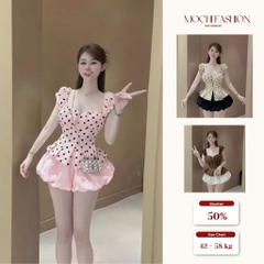 Set áo chấm bi bèo tay phồng phối chân váy bí, set bộ nữ xinh xắn đi chơi