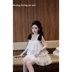 Đầm chấm bi tầng phối nơ vai tiểu thư, Váy nữ chấm bi đi chơi đi tiệc đi biển xinh xắn