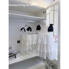 Set áo 2 dây chấm bi đính nơ vai kèm quần, set hai dây phố tầng dáng xoè chấm bi dễ thương Hum Fashion