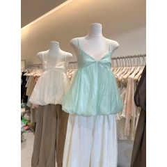 Áo 2 dây cổ tim dáng bí xinh, áo kiểu hai dây xanh ngọc bồng bềnh hottrend tiểu thư Hum Fashion
