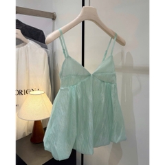 Áo 2 dây cổ tim dáng bí xinh, áo kiểu hai dây xanh ngọc bồng bềnh hottrend tiểu thư Hum Fashion