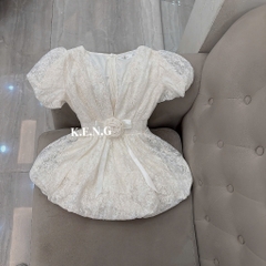 Đầm ren nữ tay bồng phối hoa dáng ngắn có lớp lót , đầm đi chơi đi tiệc sang chảnh