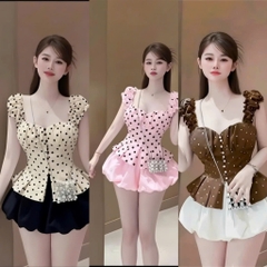 Set áo babydoll cánh tiên kèm chân váy bí, set áo chấm bi cúp ngực xinh đi chơi dễ thương Hum Fashion