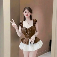 Set áo babydoll cánh tiên kèm chân váy bí, set áo chấm bi cúp ngực xinh đi chơi dễ thương Hum Fashion