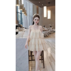 Váy 2 dây tầng voan tơ phối ren, đầm hai dây xòe tầng dáng xòe babydoll tiểu thư sang chảnh Hum Fashion