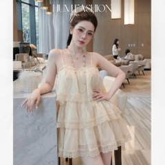 Váy 2 dây tầng voan tơ phối ren, đầm hai dây xòe tầng dáng xòe babydoll tiểu thư sang chảnh Hum Fashion