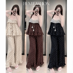 Set bộ 2 dây mặc nhà chấm bi phối ren nơ, set đồ ngủ 2 dây lụa chấm bi quần dài ống rộng bèo gấu Hum Fashion