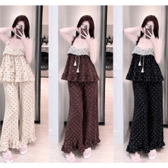 Set bộ 2 dây mặc nhà chấm bi phối ren nơ, set đồ ngủ 2 dây lụa chấm bi quần dài ống rộng bèo gấu Hum Fashion