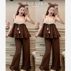 Set bộ 2 dây mặc nhà chấm bi phối ren nơ, set đồ ngủ 2 dây lụa chấm bi quần dài ống rộng bèo gấu Hum Fashion