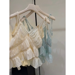 Áo 2 dây nhún phối ren cổ V, 2 dây mảnh xếp tầng bèo nhún dáng đuôi tôm xinh xắn Hum Fashion