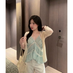 Áo 2 dây nhún phối ren cổ V mảnh xếp tầng bèo nhún dáng đuôi tôm xinh xắn Hum Fashion