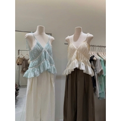 Áo 2 dây nhún phối ren cổ V mảnh xếp tầng bèo nhún dáng đuôi tôm xinh xắn Hum Fashion
