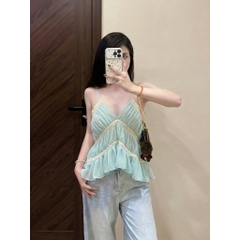 Áo 2 dây nhún phối ren cổ V, 2 dây mảnh xếp tầng bèo nhún dáng đuôi tôm xinh xắn Hum Fashion