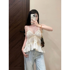 Áo 2 dây nhún phối ren cổ V, 2 dây mảnh xếp tầng bèo nhún dáng đuôi tôm xinh xắn Hum Fashion