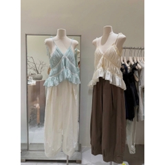 Áo 2 dây nhún phối ren cổ V, 2 dây mảnh xếp tầng bèo nhún dáng đuôi tôm xinh xắn Hum Fashion