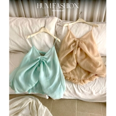 Áo 2 dây thắt nơ dáng bí màu xanh tiffany, áo hai dây voan tơ dáng bí ngô tiểu thư sang chảnh Hum Fashion