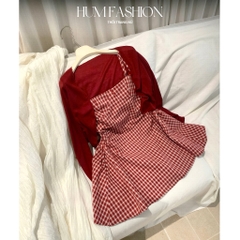 Set váy 2 dây caro đỏ dáng xòe kèm cardigan, set đầm hai dây kẻ caro đỏ phối áo khoác mỏng tiểu thư Hum Fashion