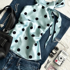 Áo sát nách chấm bi xanh ngọc buộc dây cổ, áo yếm lụa bóng họa tiết chấm bi sang chảnh Hum Fashion