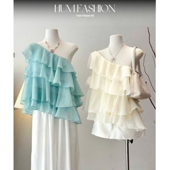 Áo lệch vai bèo tầng nhún xinh màu xanh tiffany blue hotrend Hum Fashion