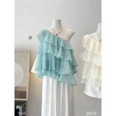 Áo lệch vai bèo tầng nhún xinh màu xanh tiffany blue hotrend Hum Fashion