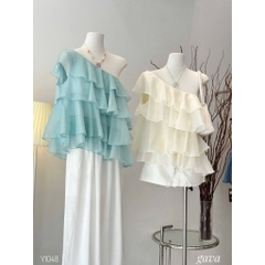 Áo lệch vai bèo tầng nhún xinh màu xanh tiffany blue hotrend Hum Fashion