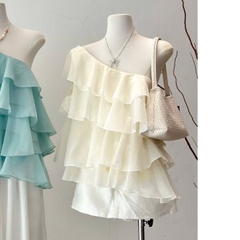 Áo lệch vai bèo tầng nhún xinh màu xanh tiffany blue hotrend Hum Fashion