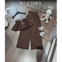 Set 2 dây dáng xoè chấm bi kèm quần suông, set bộ hai dây babydoll nhún ngực Hum Fashion