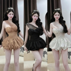 Váy cúp ngực chấm bi phối tơ vạt chéo, Đầm nữ tiểu thư sang chảnh bồng xoè