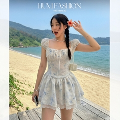 Đầm ngắn hoa xanh dáng xoè tay phồng, váy thêu hoa dáng ngắn bồng xoè chun lưng đi chơi HUM FASHION