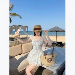 Đầm ngắn hoa xanh dáng xoè tay phồng, váy thêu hoa dáng ngắn bồng xoè chun lưng đi chơi HUM FASHION