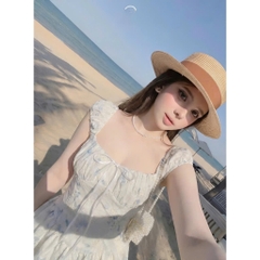 Đầm ngắn hoa xanh dáng xoè tay phồng, váy thêu hoa dáng ngắn bồng xoè chun lưng đi chơi HUM FASHION