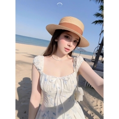 Đầm ngắn hoa xanh dáng xoè tay phồng, váy thêu hoa dáng ngắn bồng xoè chun lưng đi chơi HUM FASHION