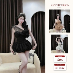 Váy cúp ngực chấm bi phối tơ vạt chéo, Đầm nữ tiểu thư sang chảnh bồng xoè