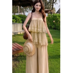 Set bộ nữ áo 2 tầng phối ren kèm quần ống suông tôn dáng, thanh lịch đi chơi dạo phố