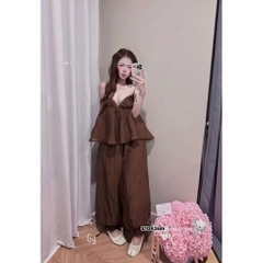 Set áo 2 dây kèm quần bo ống, set bộ áo hai dây babydoll phối ren  kèm quần dài bo gấu thắt dây voan tơ tằm Hum Fashion
